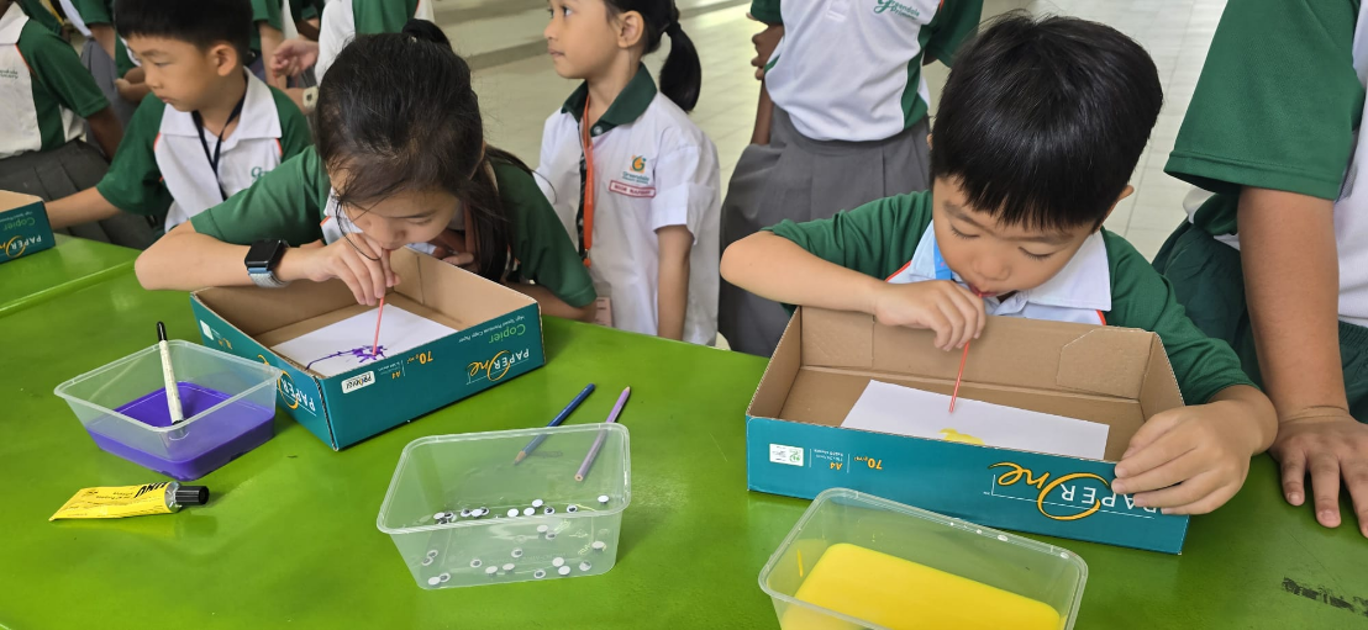 Students creating artwork using bubble painting in a hands-on art lesson.